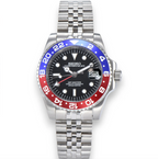 Seiko watch with a silver metal strap and colorful bezel on a white background