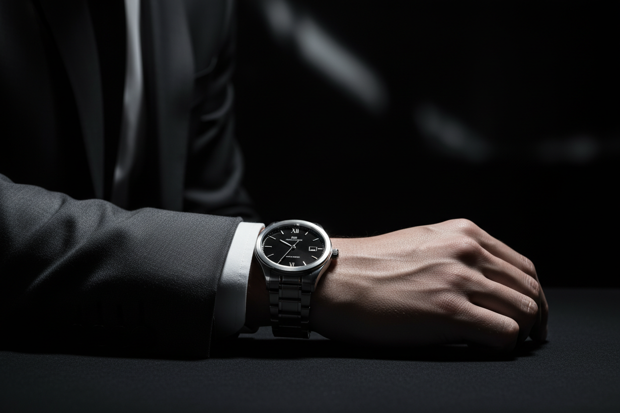 minimalistic dark photo with a manly model having a watch on his wrist